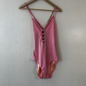 Victoria Secret One Piece Pink Lace Up Open Back Swimsuit Size L